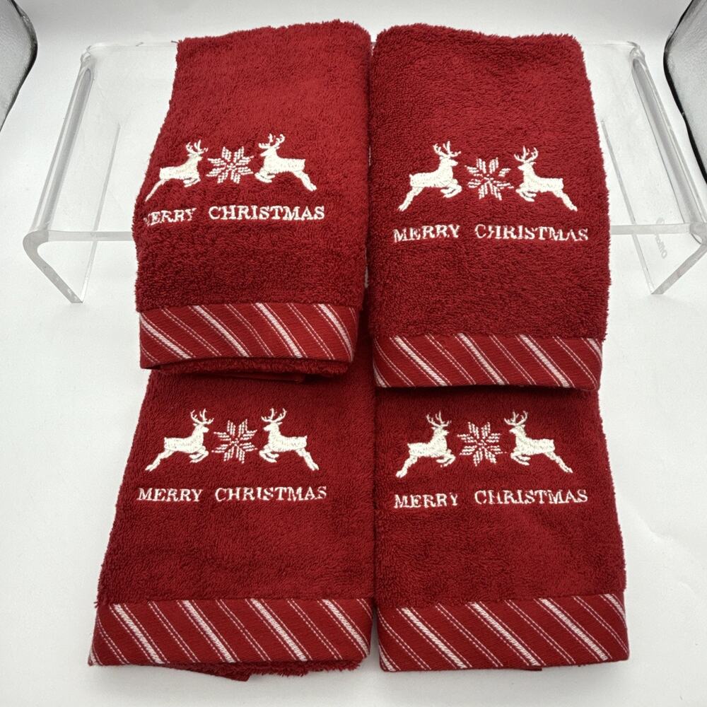 4 "Merry Christmas" Place & Time Embroidered Reindeer Hand Towel stripes 29x16”